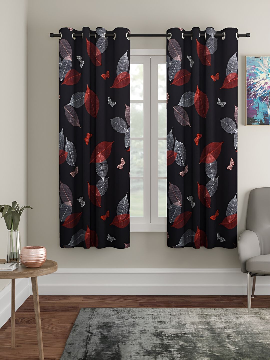 Aura Black & Red 2 Pieces Floral Printed Eyelet Window Curtains-picture-43