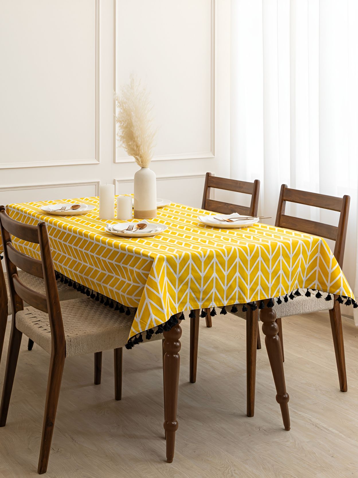 HOMEMONDE Yellow Geometric Printed Cotton 4-Seater Table Cover-image-37