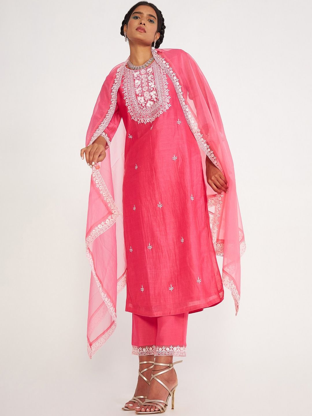 Asaga Ethnic Motifs Thread Work Chanderi Silk Straight Kurta With Trousers & Dupatta-image-1