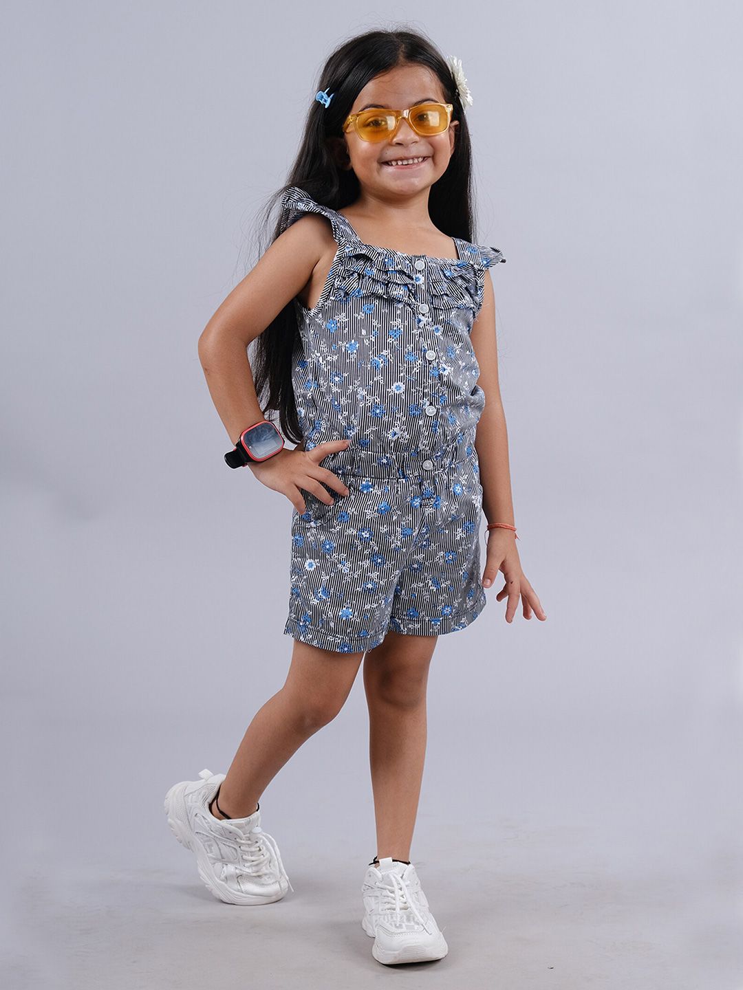 KiddoPanti Girls Striped Ruffled Pure Cotton Playsuit-picture-25