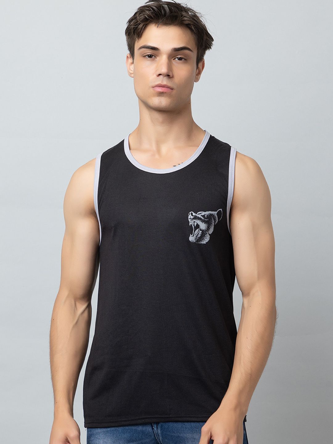 Looks United Printed Cotton Sleeveless Gym Vest LU-VEST002-BLACK-picture-16