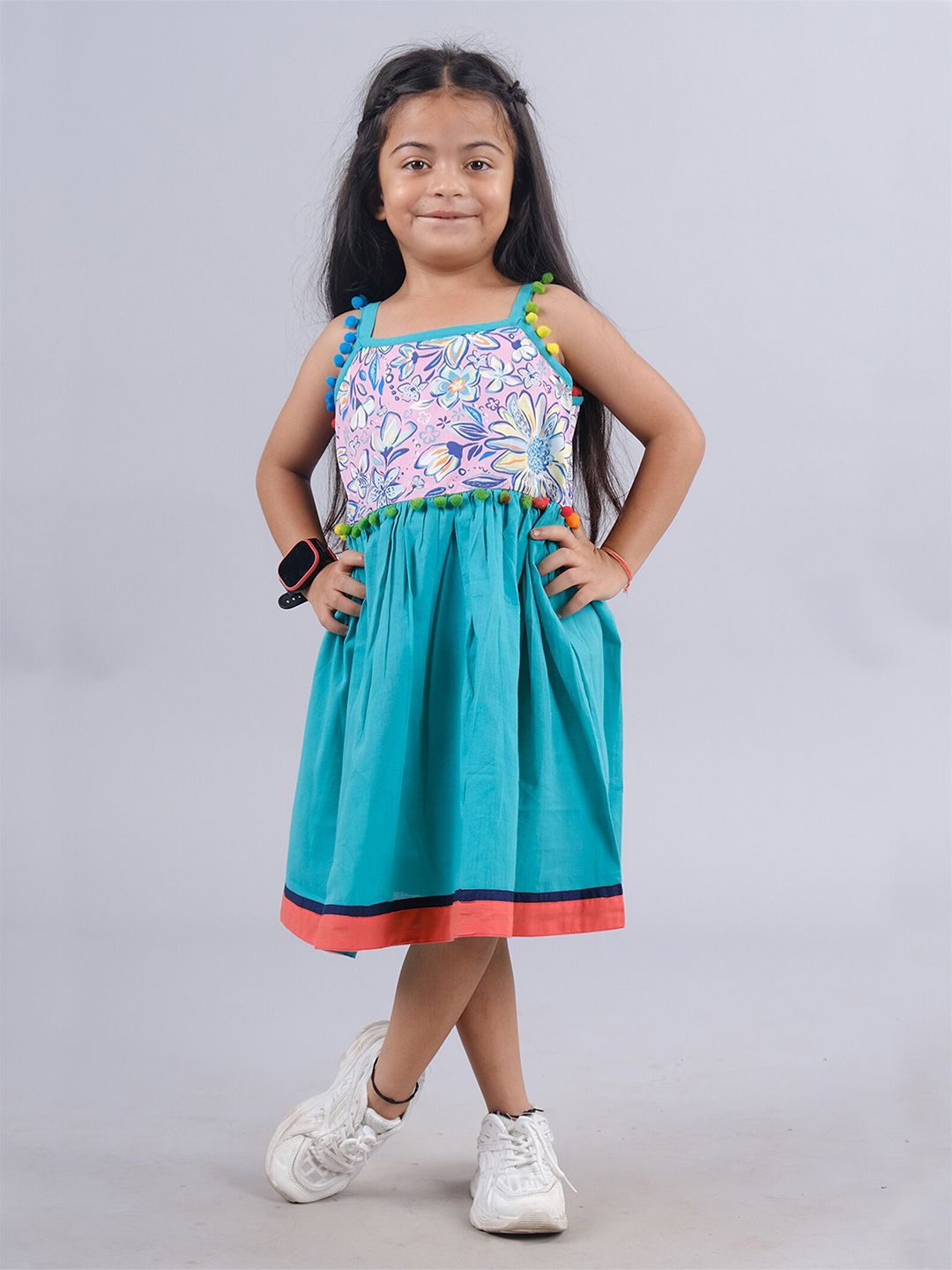 KiddoPanti Girls Floral Printed Shoulder Straps Sleeveless Cotton Fit & Flare Dress-image-6