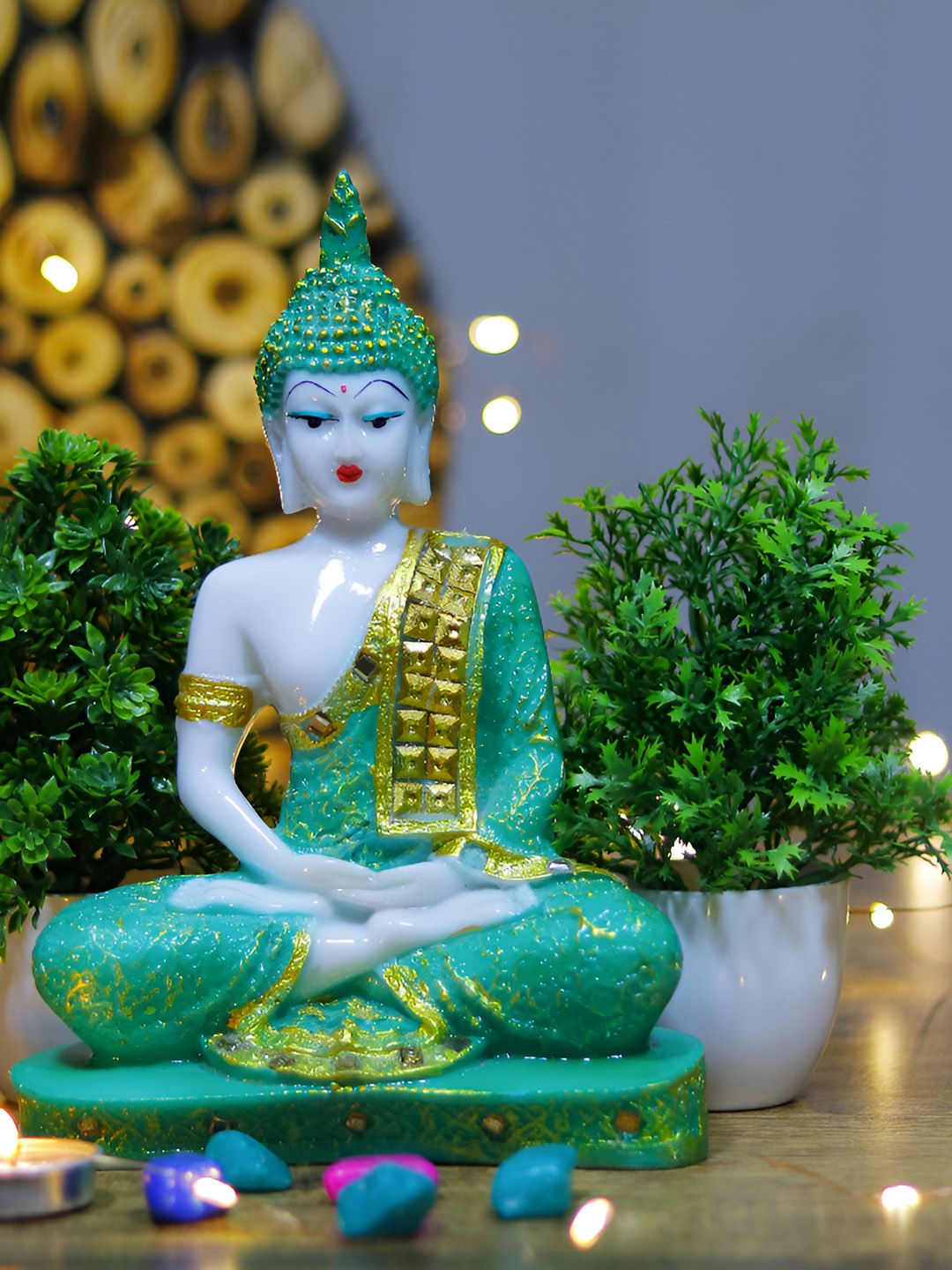 GW CREATIONS White & Green Marble Buddha Figurine Decorative Showpiece-picture-21