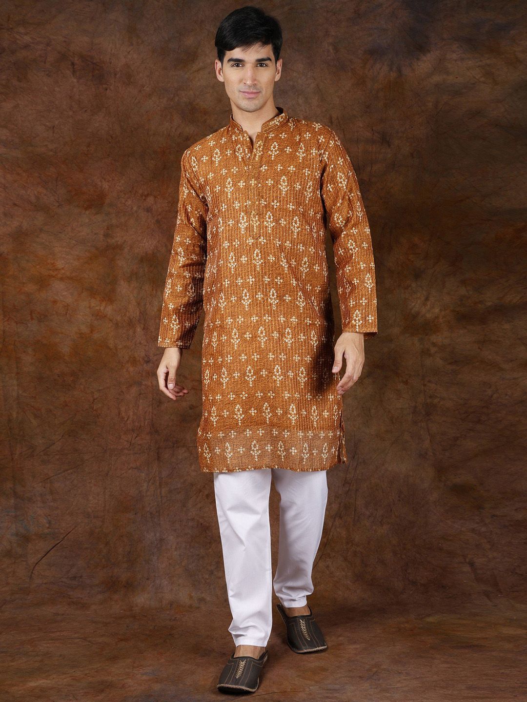 Exotic India Sudan Brown Bandhani Tie-Dye Print Kurta Pajama Set with Sequins Embroidery-picture-31