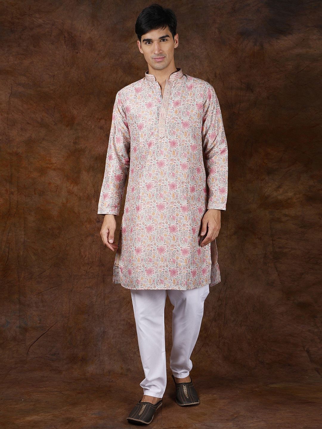 Exotic India Rosebloom Floral Printed Kurta Pajama Set With Gota Patti on Neck-picture-30