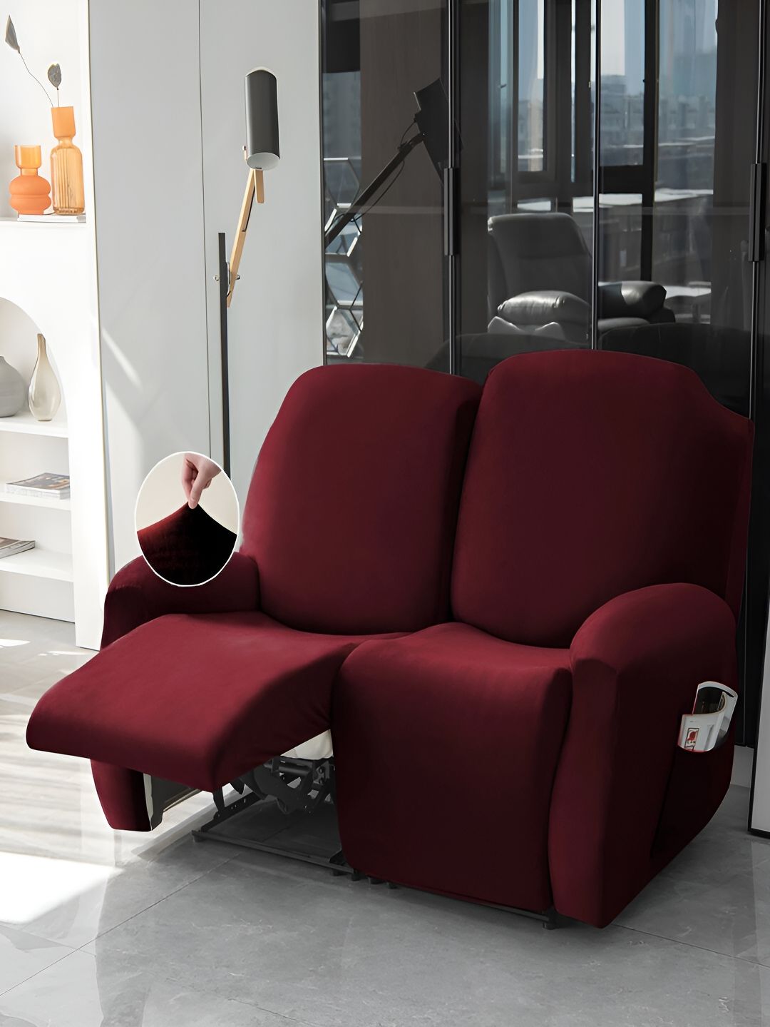 HOKIPO Burgundy Velvet 2 Seater Stretchable Sofa Cover With Arms-picture-15