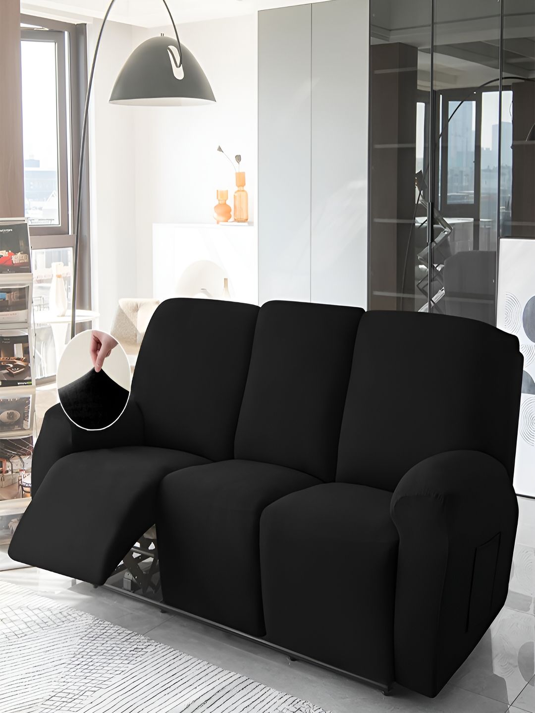 HOKIPO Black Velvet 3 Seater Stretchable Sofa Cover With Arms-picture-35