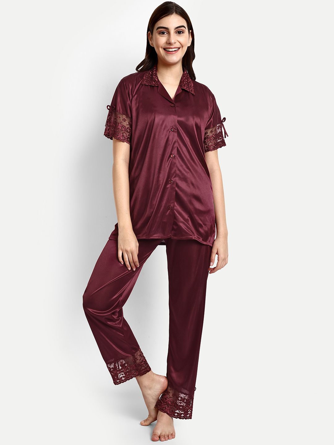 AVYAY Self Design Lapel Collar Satin Night Suit-picture-11