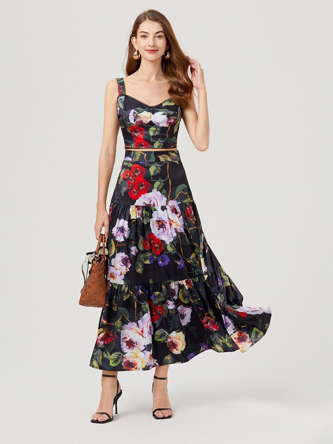 JC Collection Floral Printed Crop Top With Skirt Co-Ords-picture-28