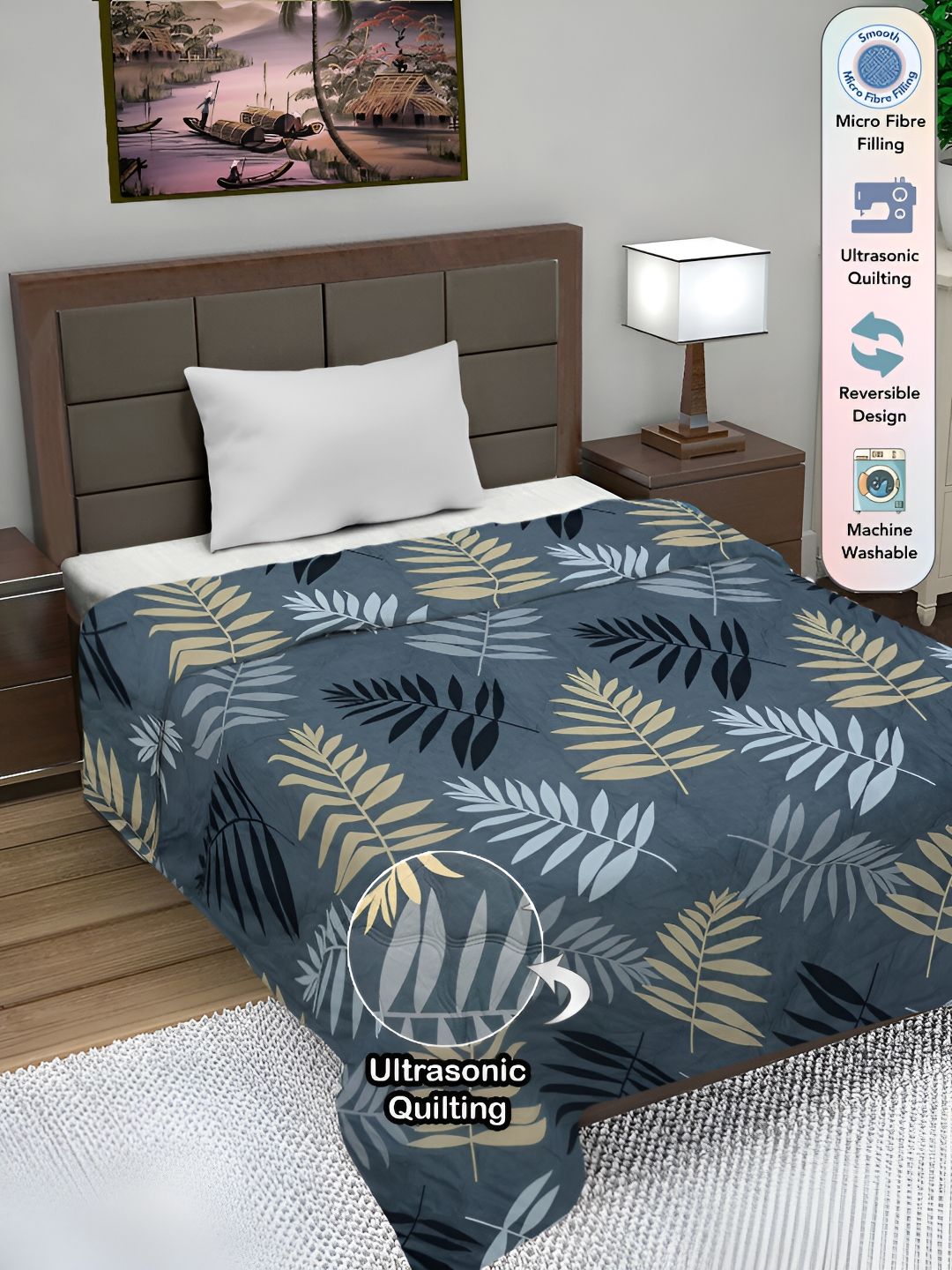 FABINALIV Grey & Yellow Floral AC Room 350 GSM Reversible Single Bed Comforter-image-40