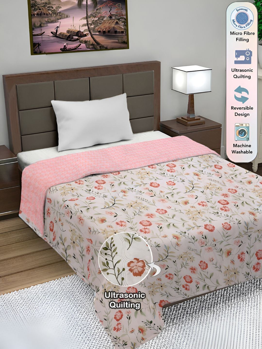 FABINALIV Pink & Off White Floral AC Room 350 GSM Reversible Single Bed Comforter-image-6