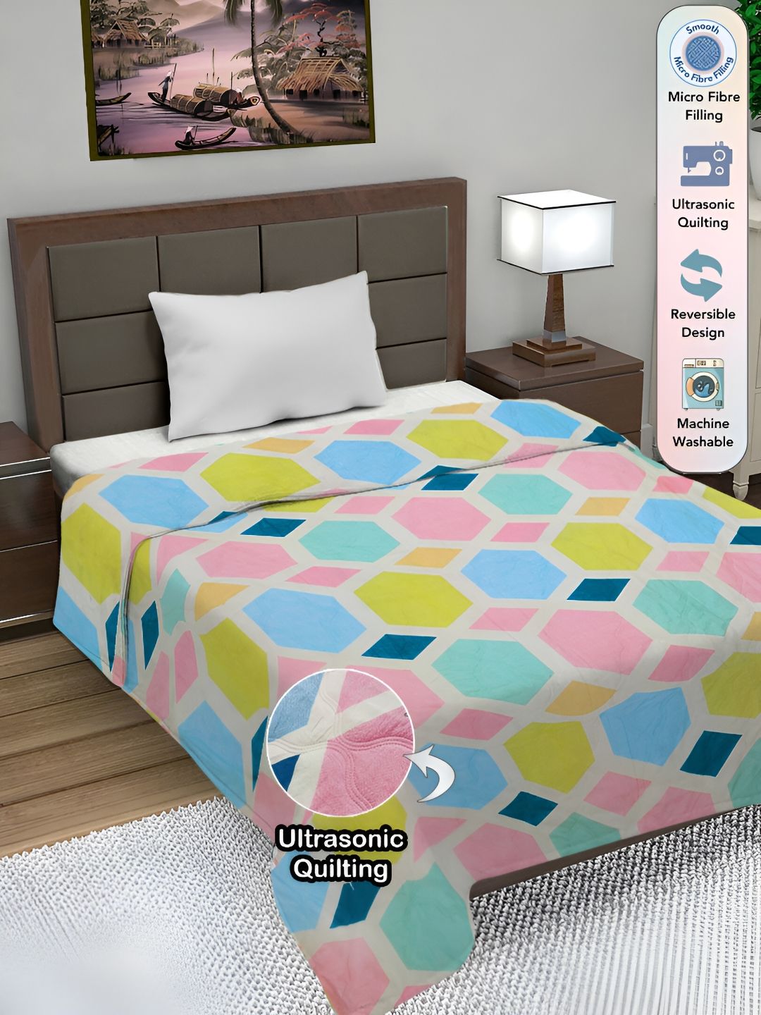 FABINALIV Blue & Yellow Geometric Printed AC Room 350 GSM Reversible Single Bed Comforter-image-19