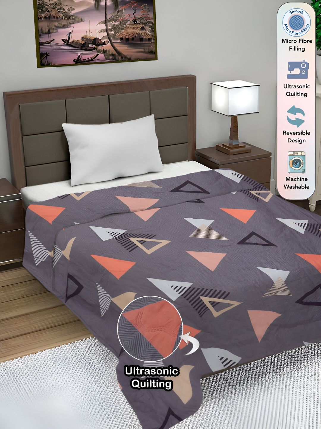 FABINALIV Grey & Black Geometric AC Room 350 GSM Reversible Single Bed Comforter-image-33