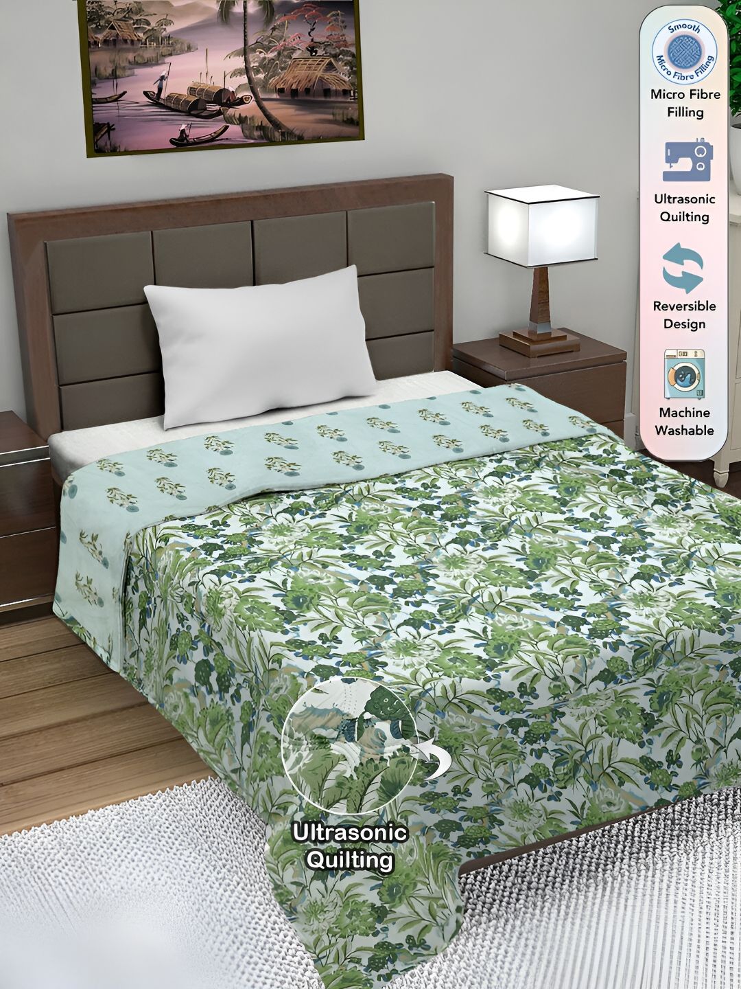 FABINALIV Green & Grey Floral AC Room 350 GSM Reversible Single Bed Comforter-image-27