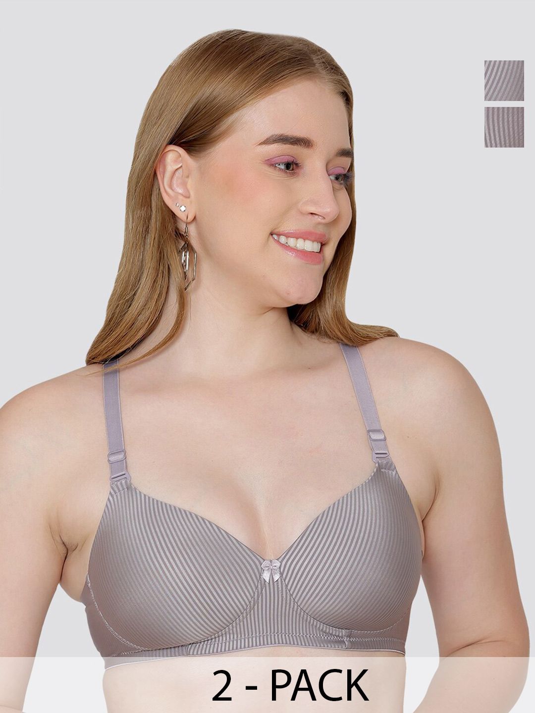MAASHIE Pack of 2 Striped Pattern Padded T-Shirt Bra GRY-GRY