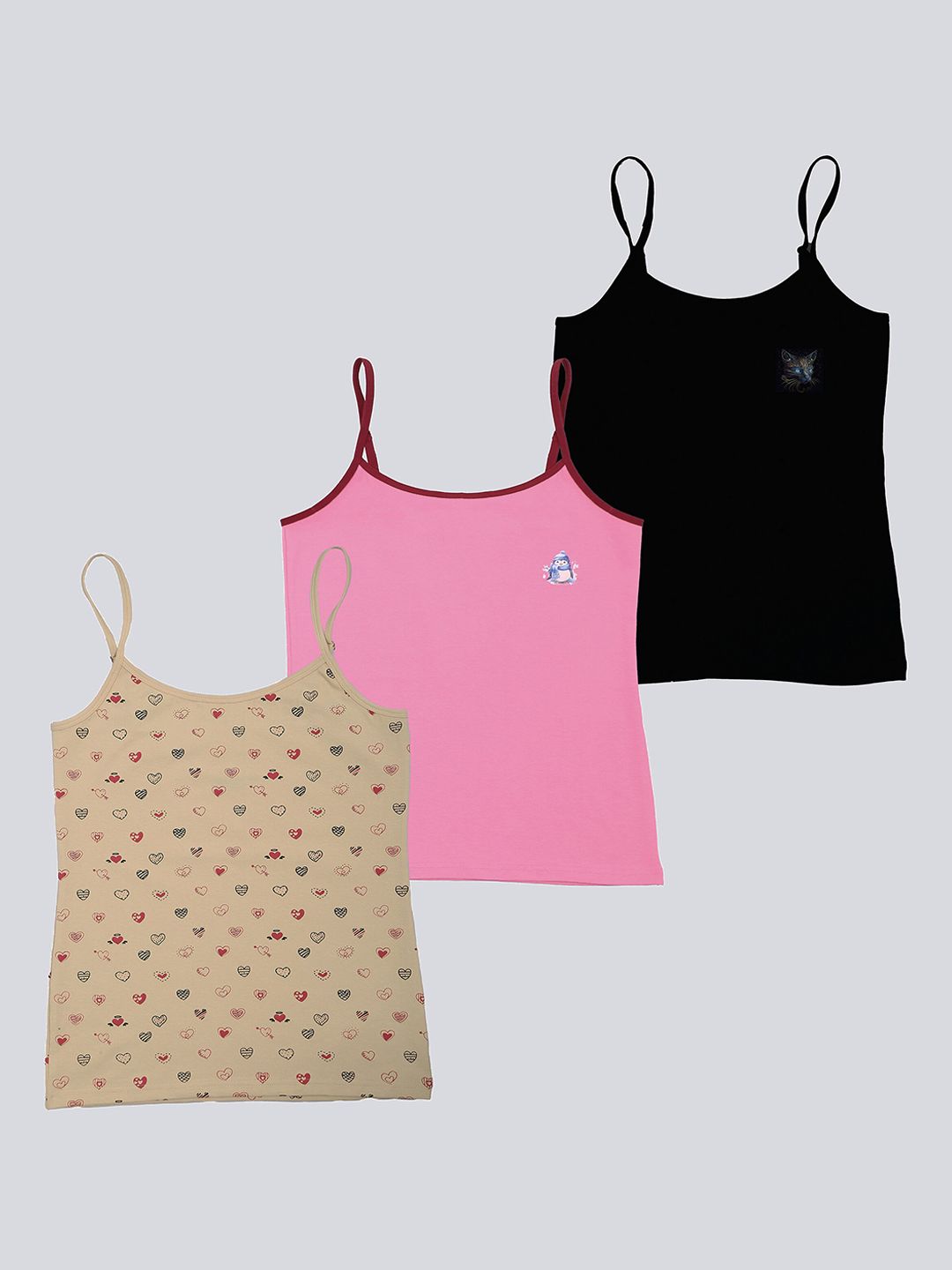F&S Girls Pack Of 3 Printed Shoulder Strap Comfortable Fit Camisoles-picture-55