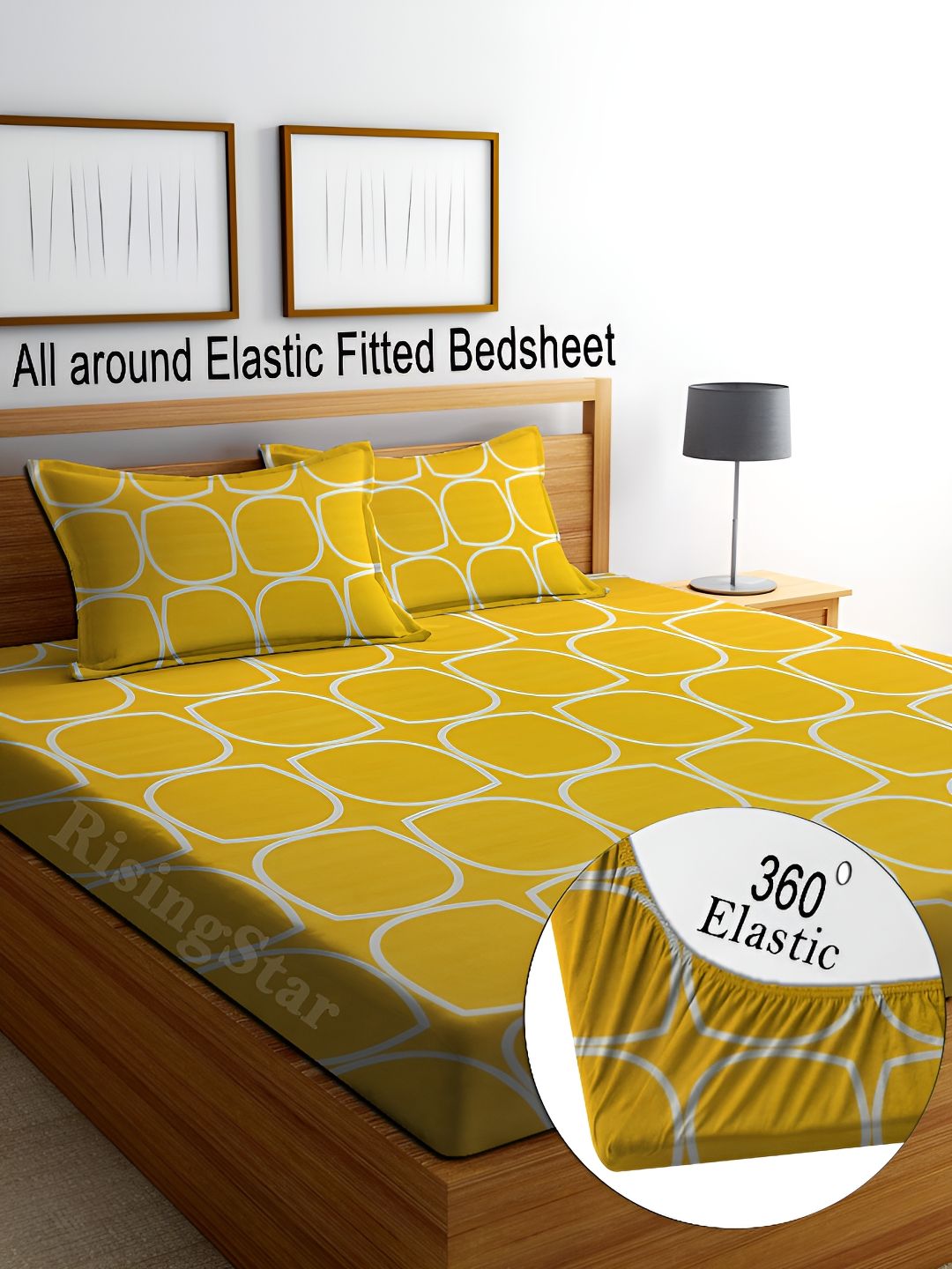 RISING STAR Yellow & White Geometric 350 TC King Fitted Bedsheet with 2 Pillow Covers-picture-18