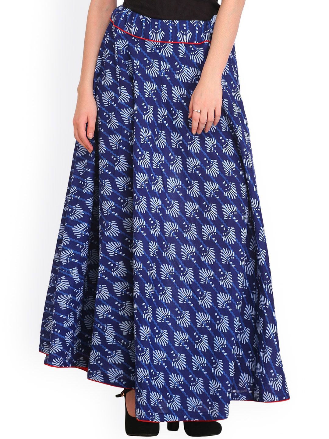 Exotic India Limoges Blue Block Pure Cotton Printed Long Ghagra Skirt with Piping-Work-picture-20