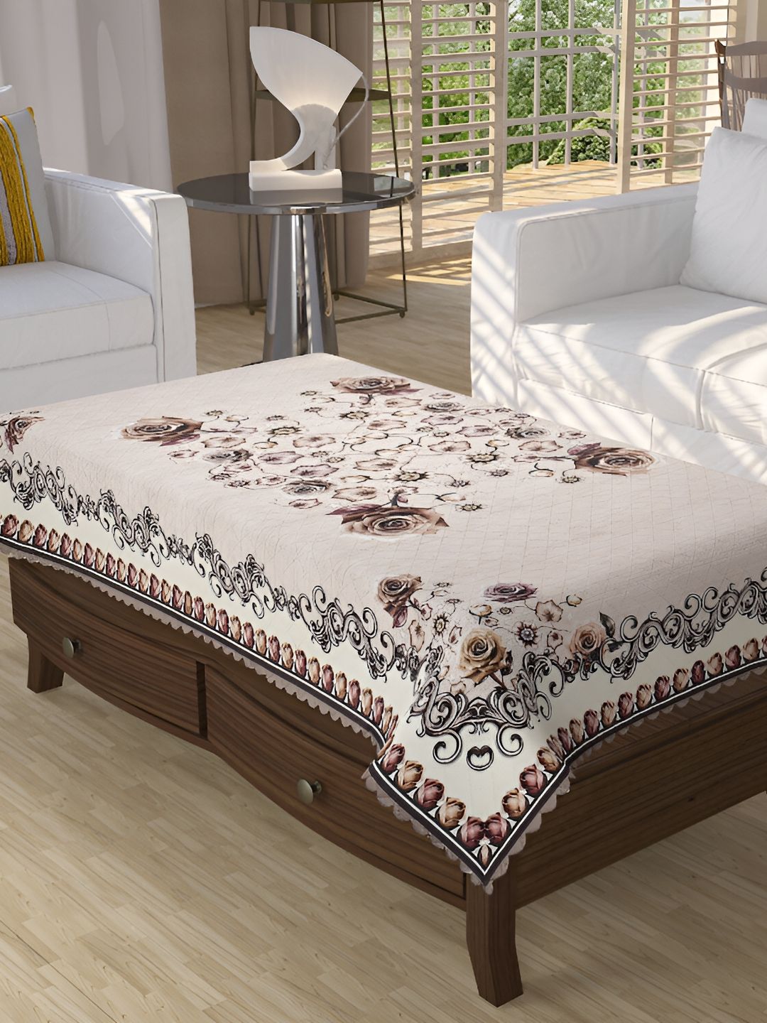 BIGGER FISH Brown Floral Printed Rectangle 4 Seater Centre Table Cover