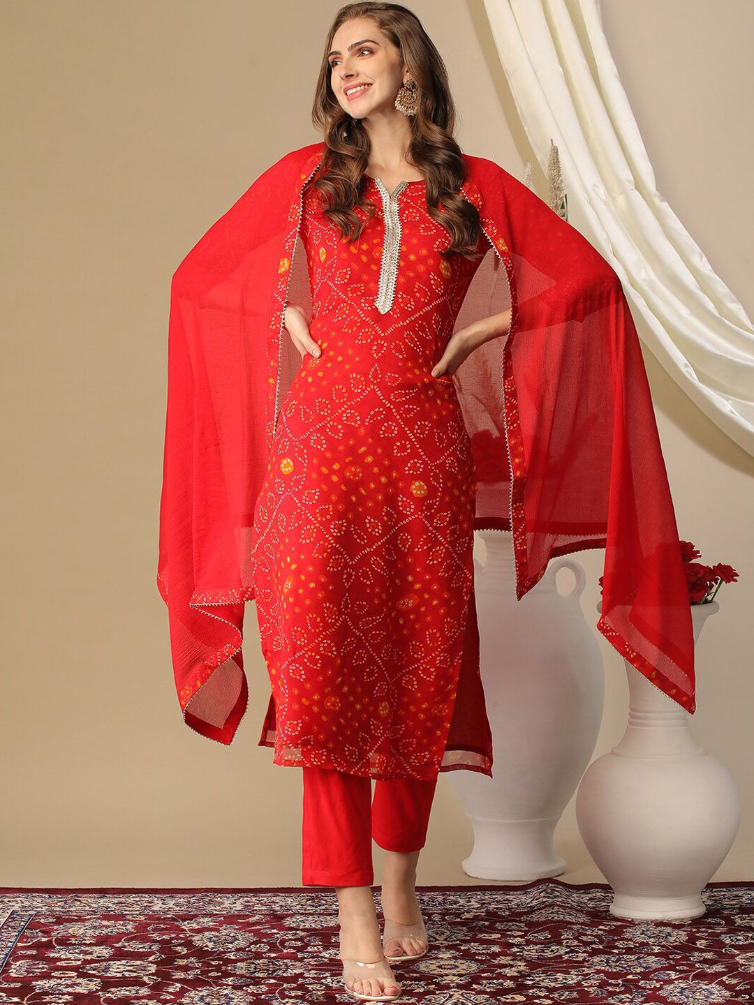 GoSriKi  Bandhani Printed Gotta Patti Regular Kurta ,Trousers &  Dupatta