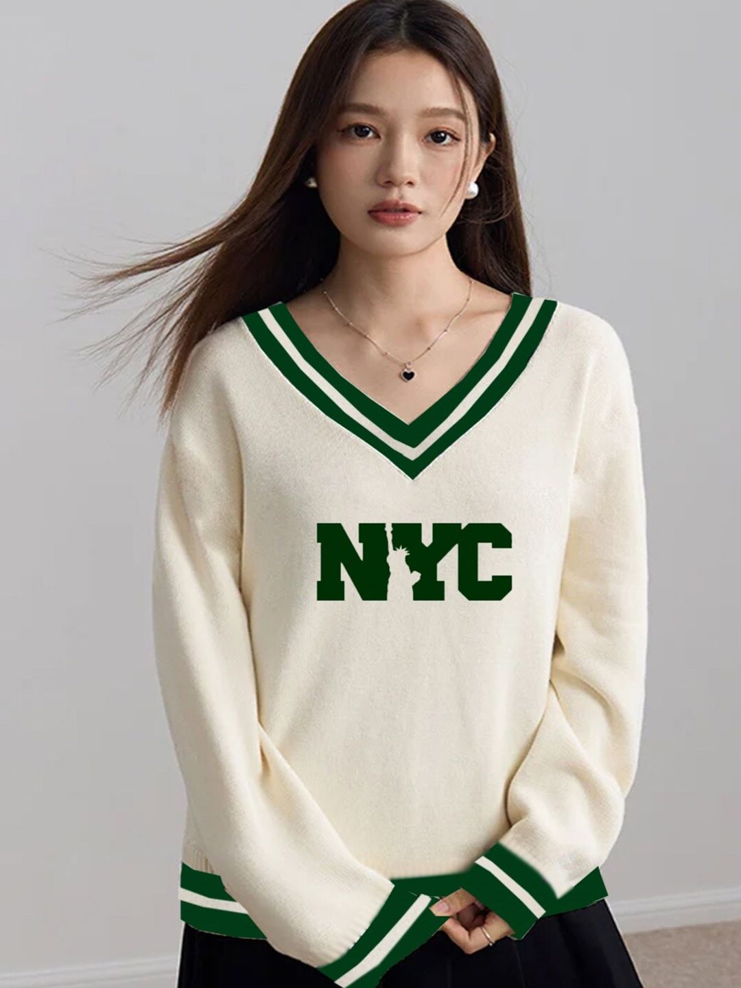 CLAFOUTIS Typography Print V-Neck Drop Shoulder Sleeves Oversized T-shirt With Mask-picture-12