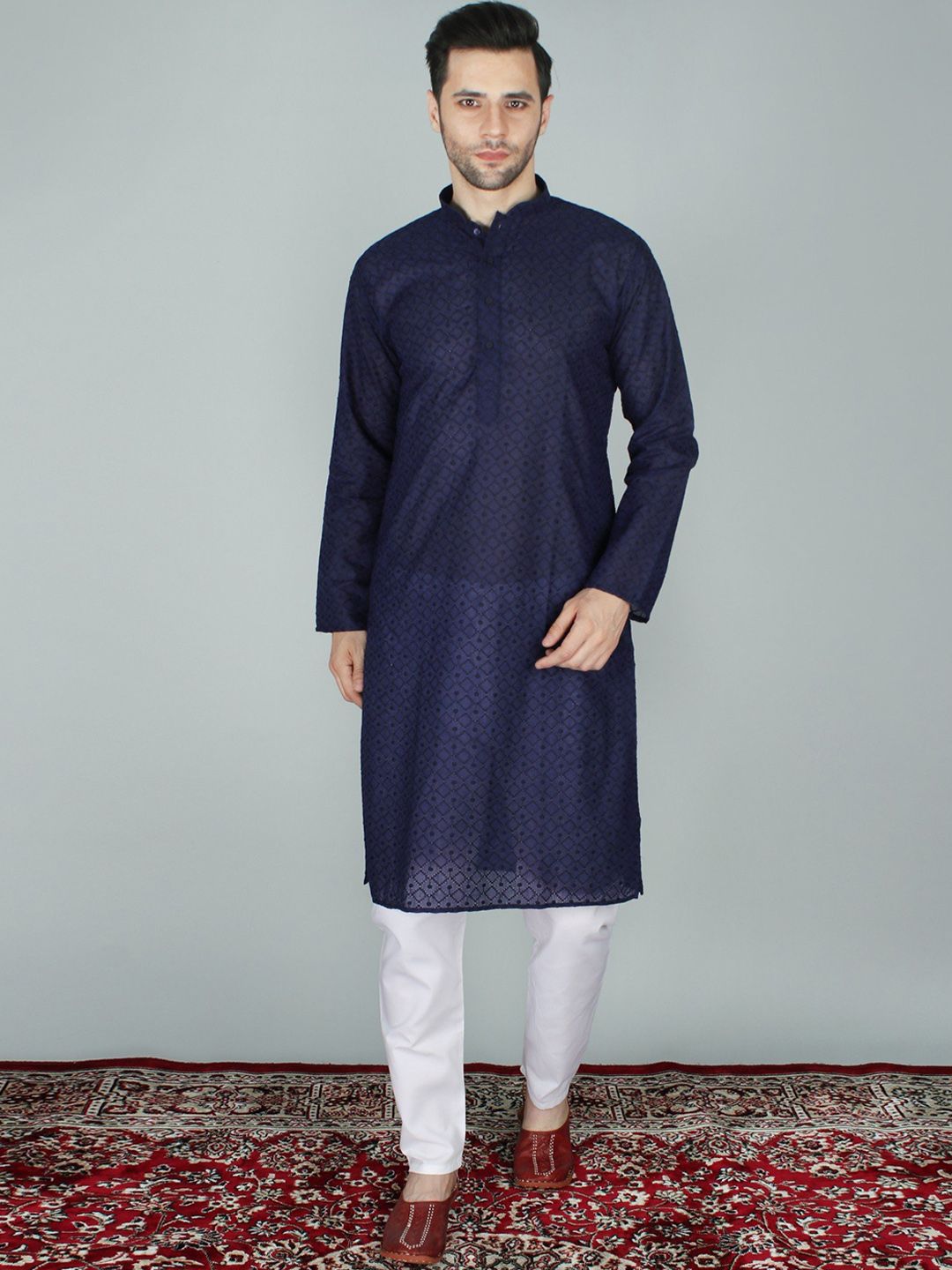 Exotic India Floral Embroidered Chikankari Mandarin Collar Pure Cotton Kurta with Pyjamas-picture-11