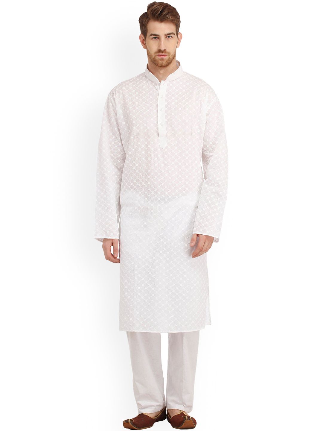 Exotic India Floral Embroidered Regular Chikankari Pure Cotton Kurta & Pyjamas-picture-27