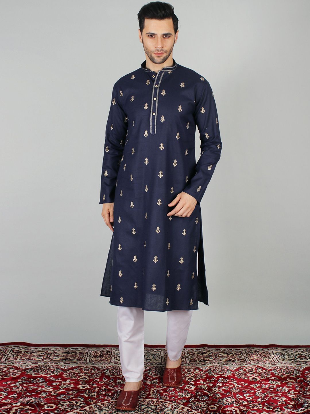 Exotic India Floral Embroidered Thread Work Mandarin Collar Pure Cotton Kurta with Pyjamas-picture-16