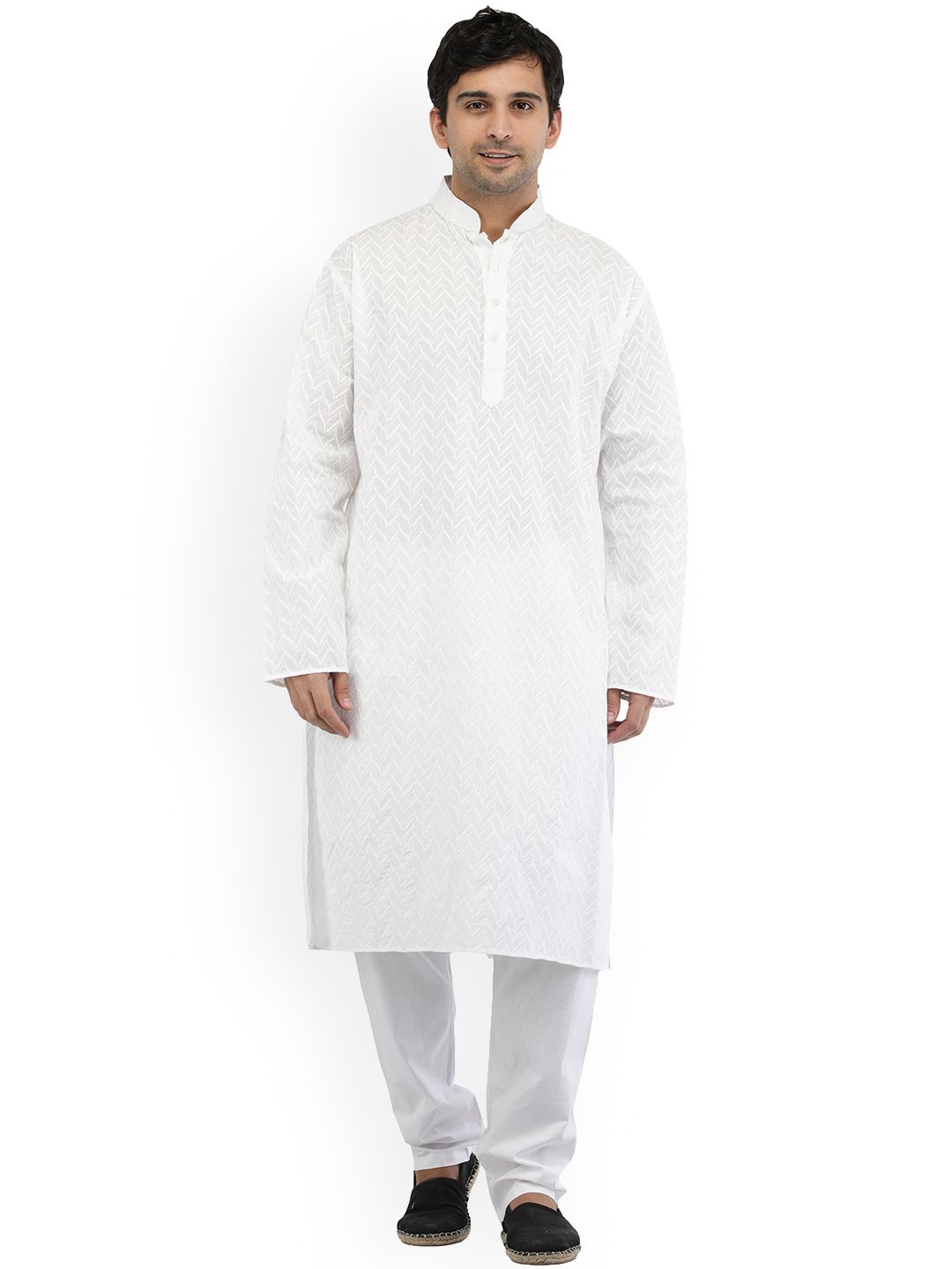 Exotic India Embroidered Regular Chikankari Pure Cotton Straight Kurta with Pyjamas-picture-33