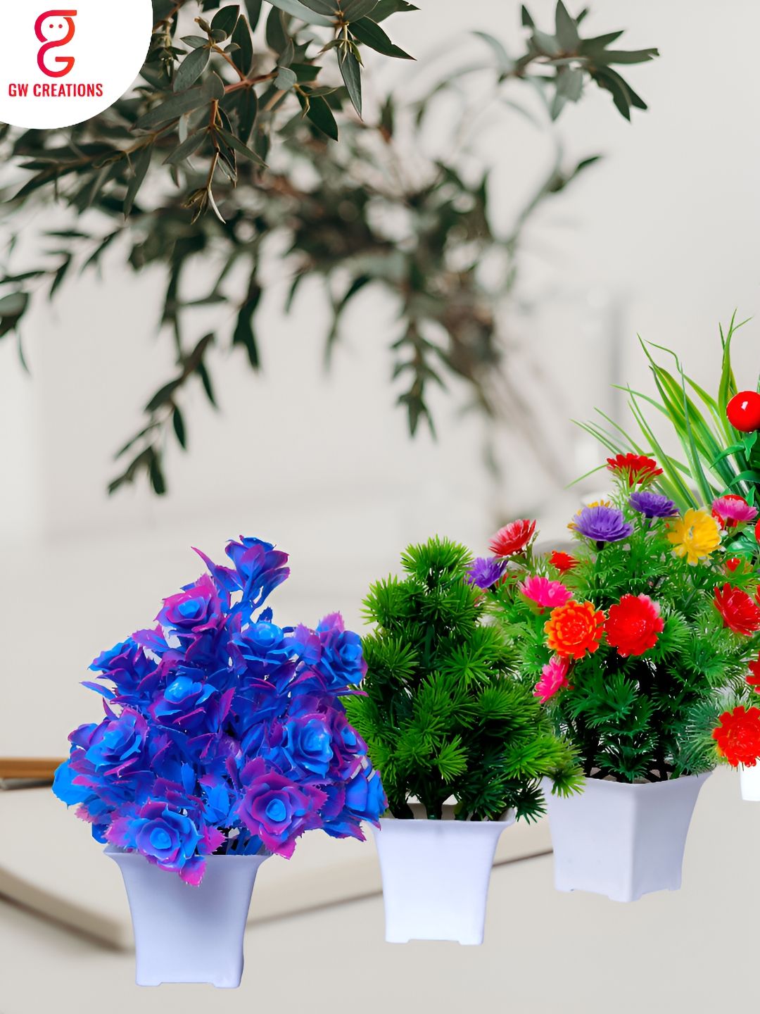 GW CREATIONS Blue and Green 4 Pieces Berry Artificial Flower With Pot-picture-48