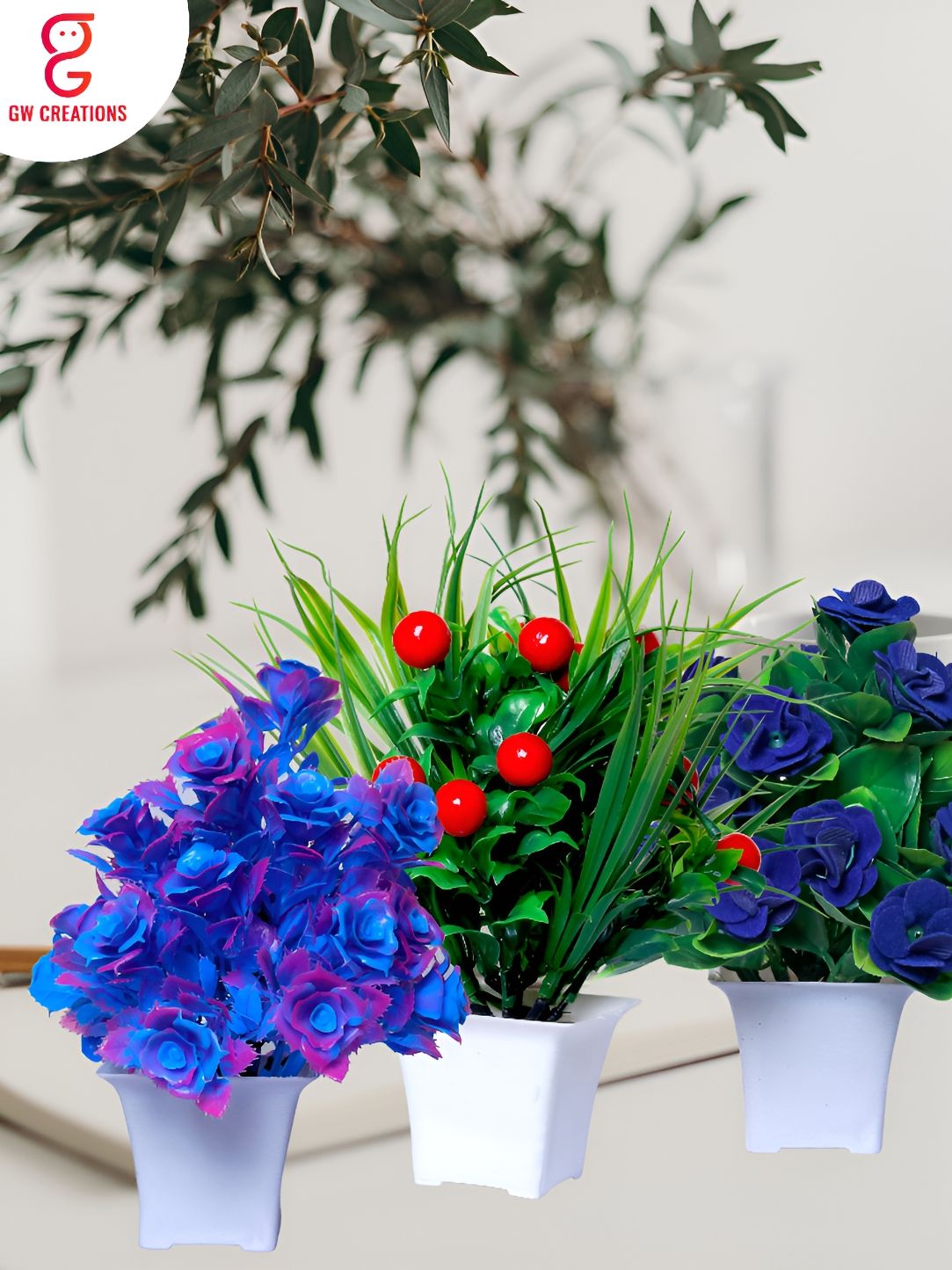 GW CREATIONS Blue & Green 4 Pieces Berry Artificial Flowers With Pots-picture-33