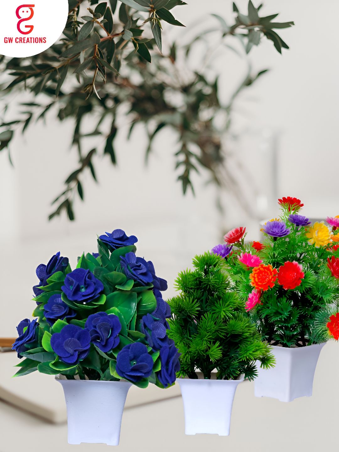GW CREATIONS Blue and Green 4 Pieces Berry Artificial Flower With Pot-picture-49
