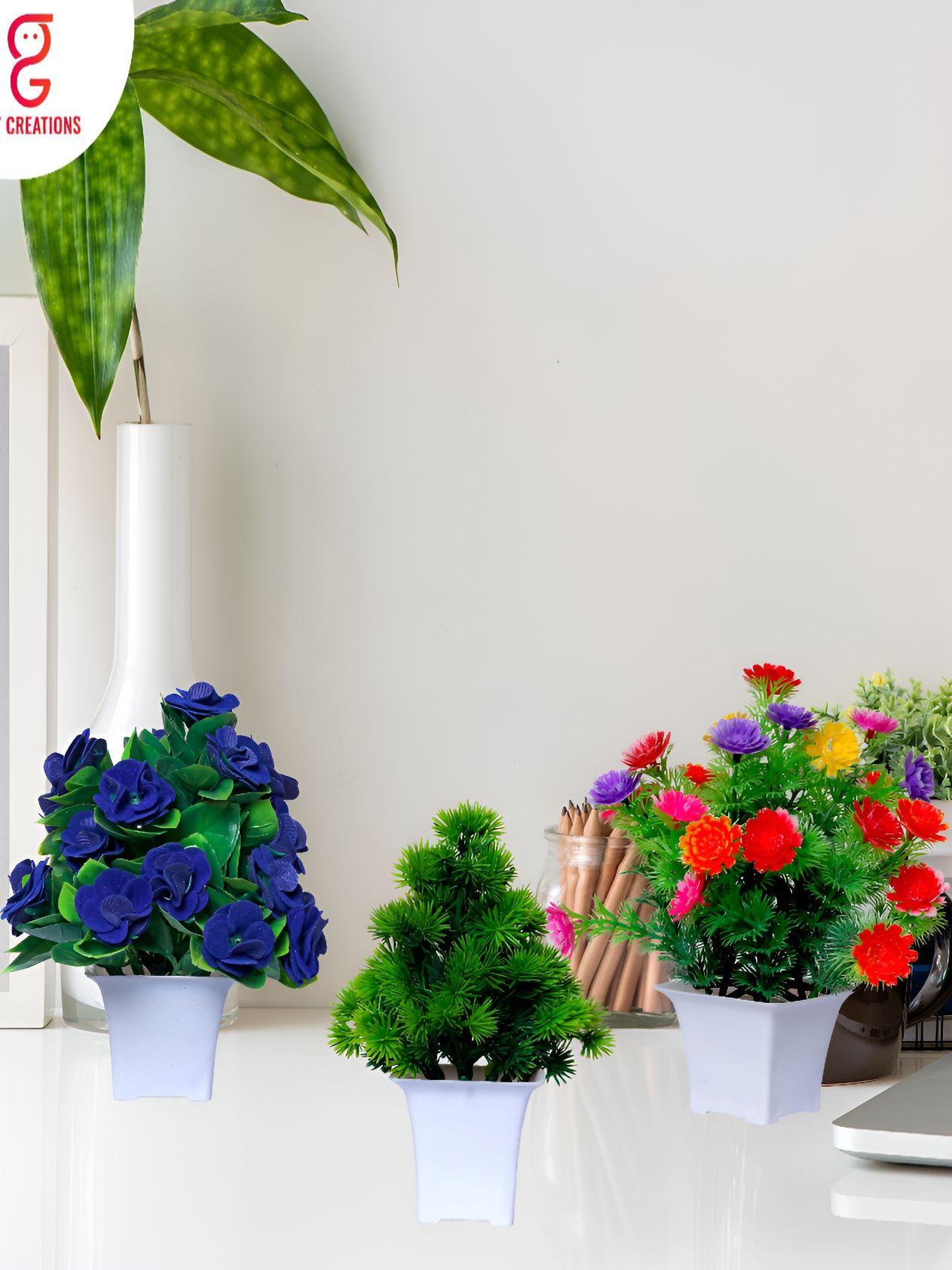 GW CREATIONS Blue & Green 3 Pieces Berry Artificial Flowers With Pots-picture-36