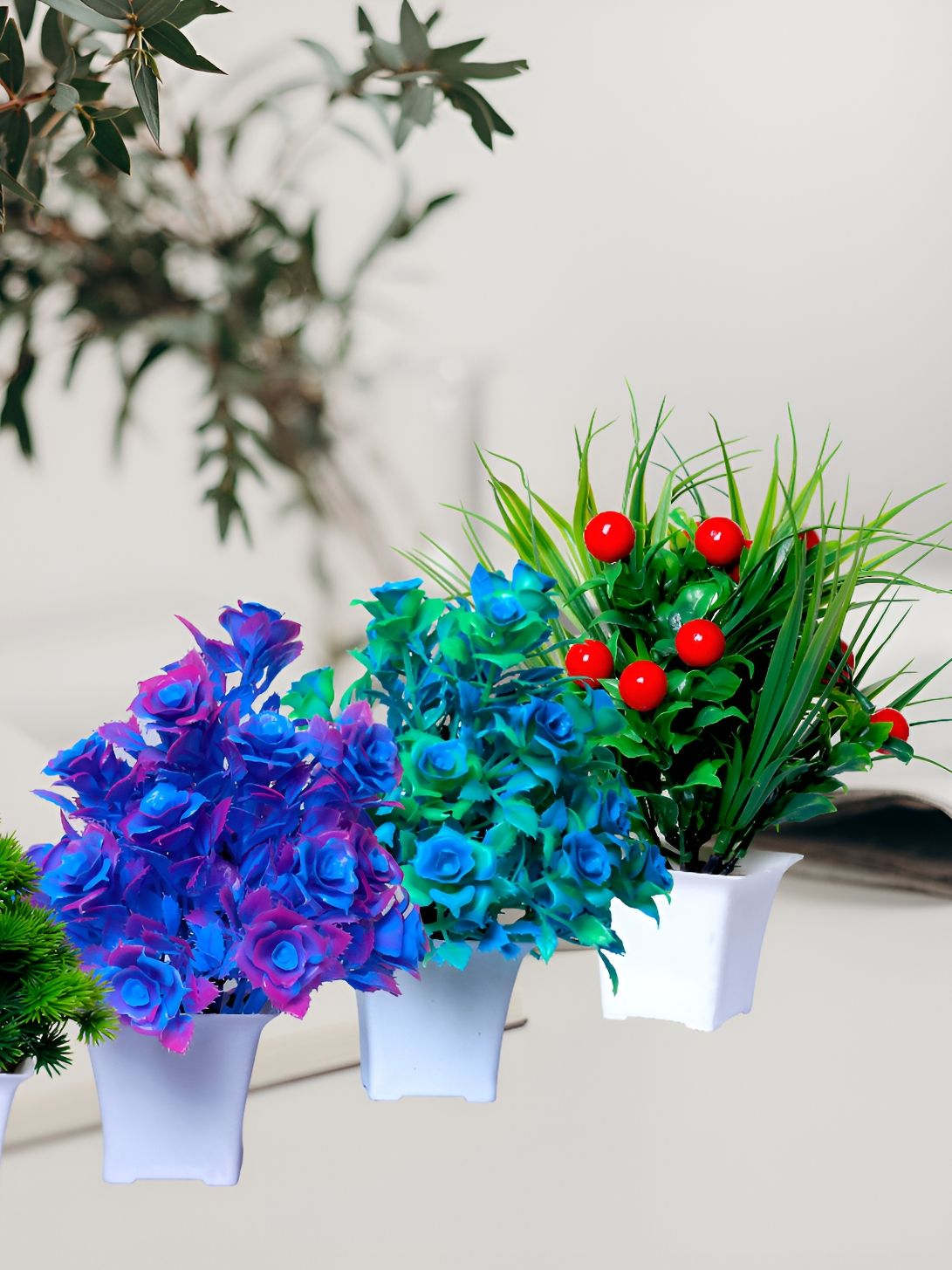 GW CREATIONS Blue & Green 4 Pieces Berry Artificial Flowers With Pots-picture-17