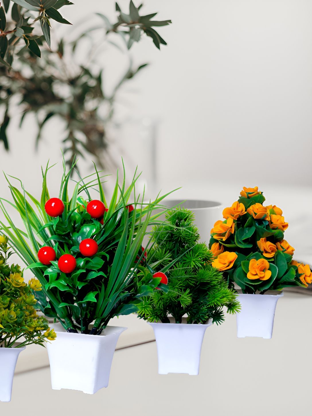 GW CREATIONS Yellow & Red 4 Pieces Berry Artificial Flowers With Pot-picture-26