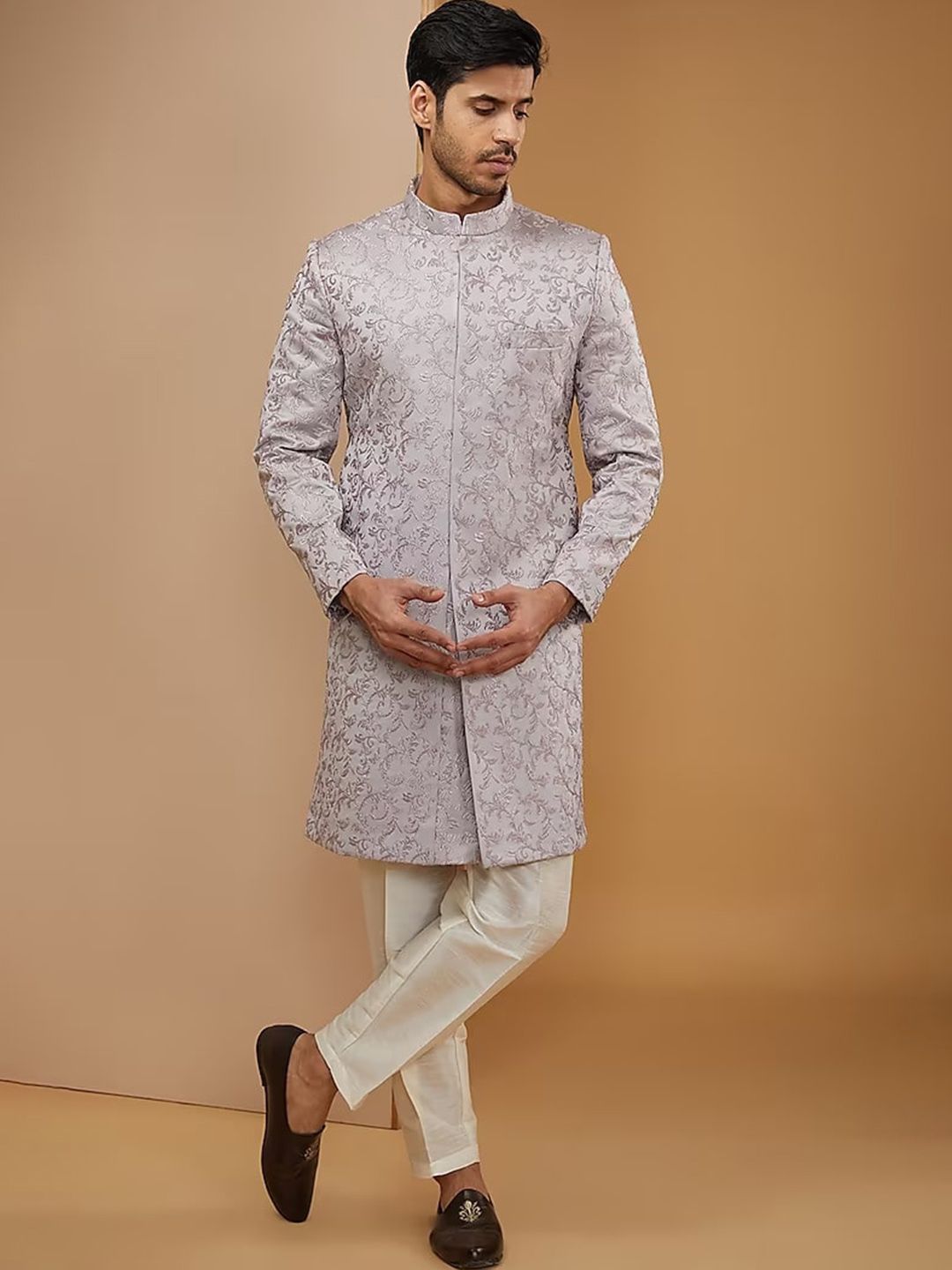 RNG Safawala Embroidered Mandarin Collar Long Sleeves Silk Sherwani Set-picture-14