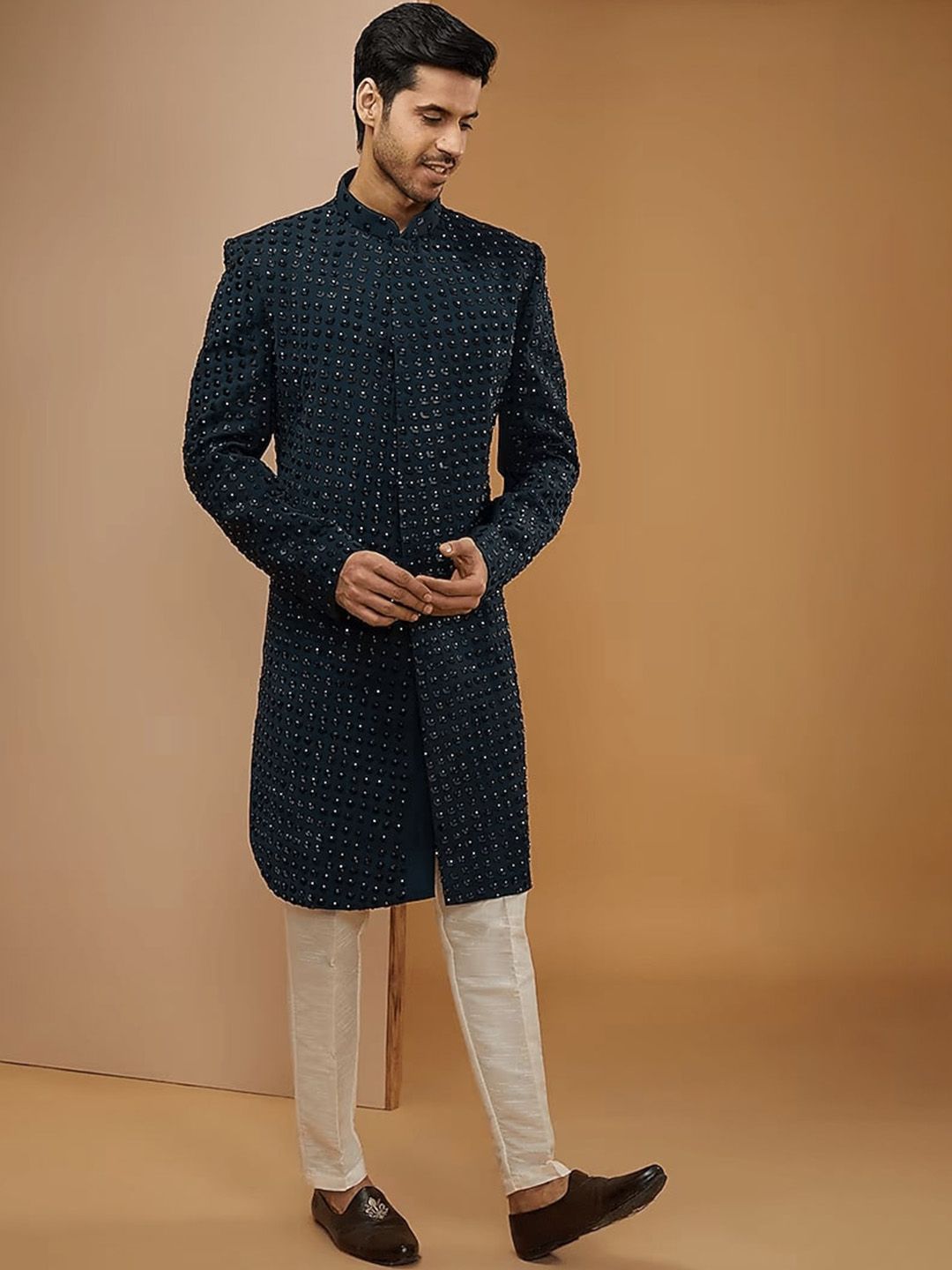 RNG Safawala Embroidered Mandarin Collar Silk Sherwani Set-picture-12