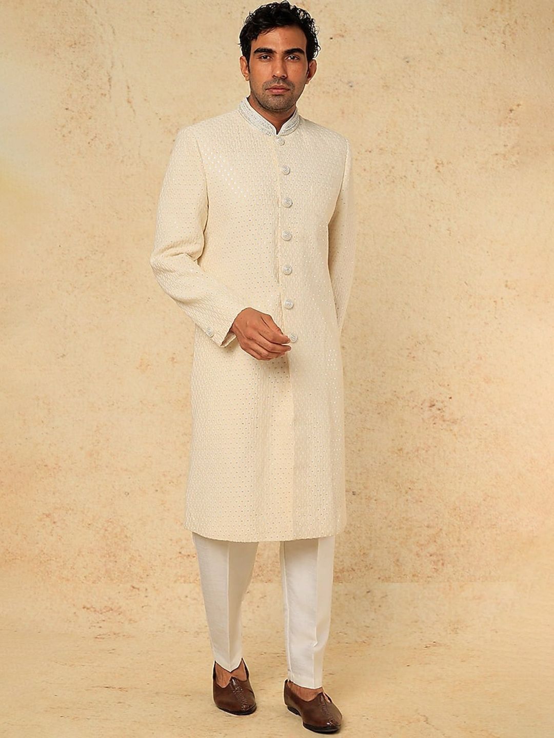 RNG Safawala Embroidered Mandarin Collar Raw Silk Sherwani Set-picture-16
