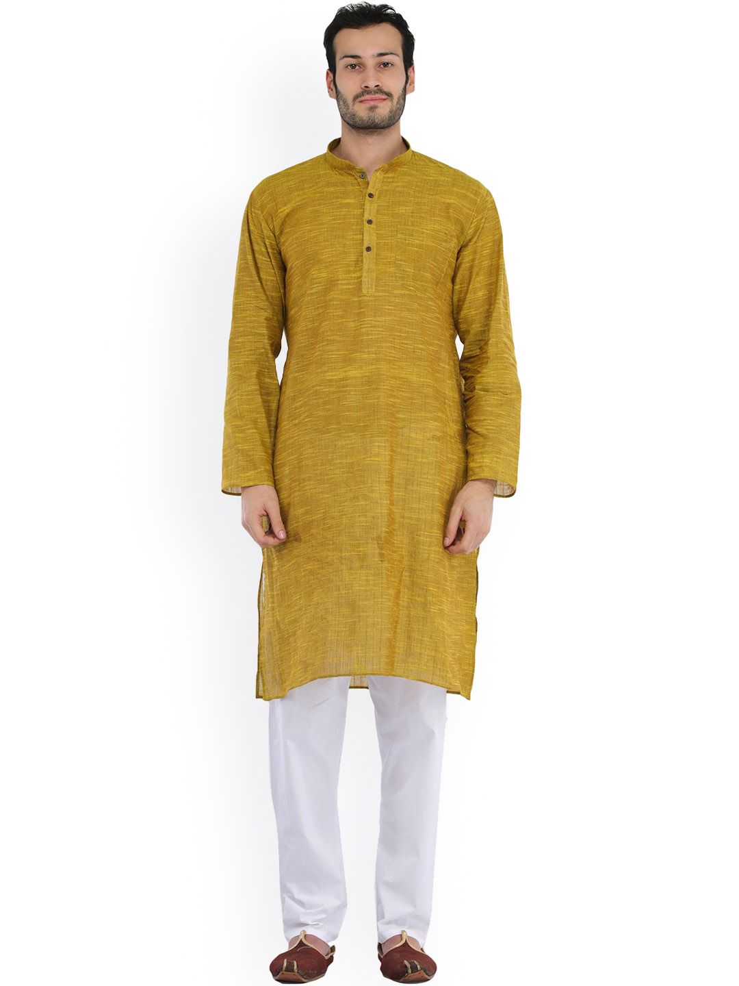 Exotic India Solid Mandarin Collar Straight Pure Cotton Kurta With Pyjamas-picture-35