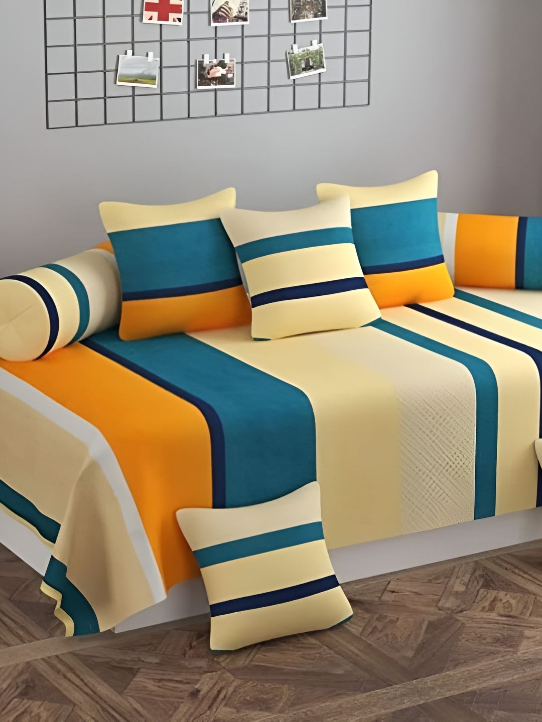 RRC 8-pcs Yellow & Green Striped Microfiber Cotton Diwan Set-picture-41
