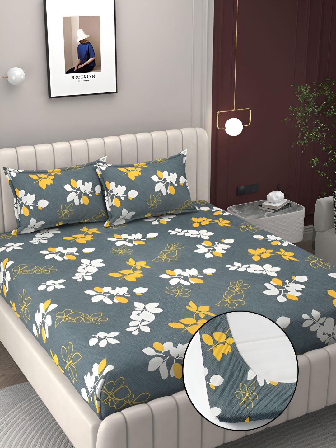 Bromwick Grey Floral Printed Cotton 250 TC Fitted King Bedsheet with 2 Pillow Covers-picture-15