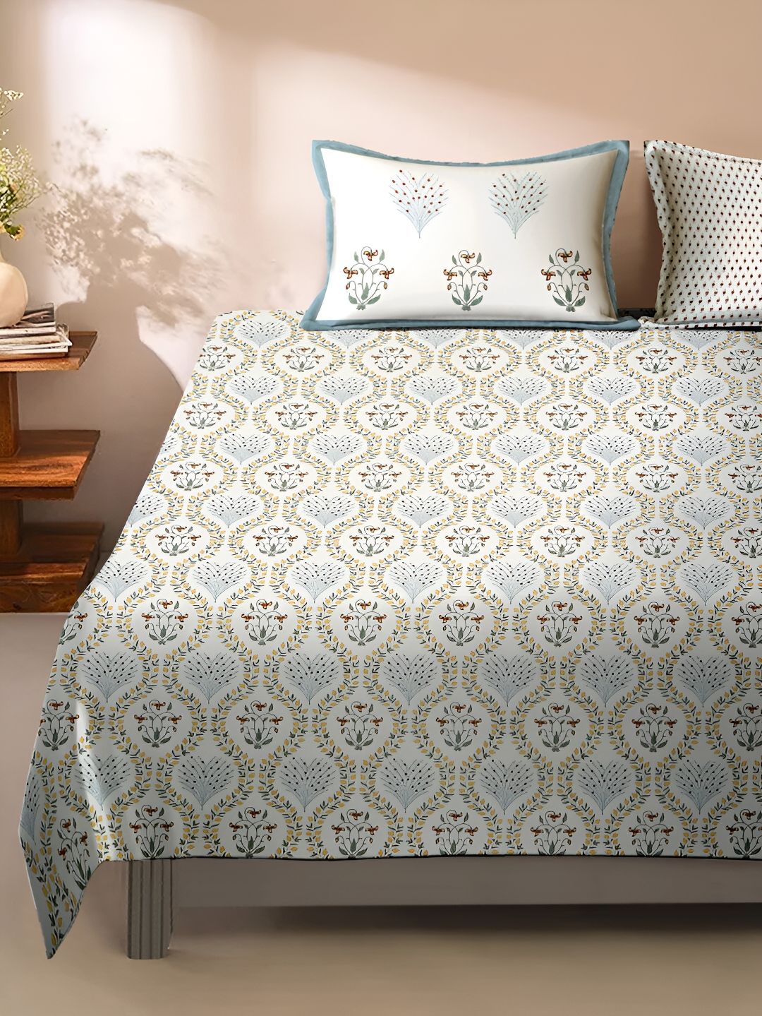 Rajasthan Decor White & Grey Ethnic Motifs 220 TC King Bedsheet with 2 Pillow Covers-picture-21