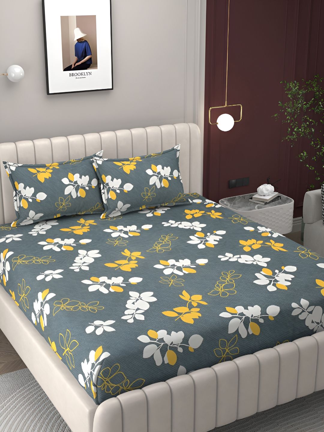 Bromwick Grey & White Floral 250 TC King Double Bedsheet With 2 Pillow Covers-picture-14