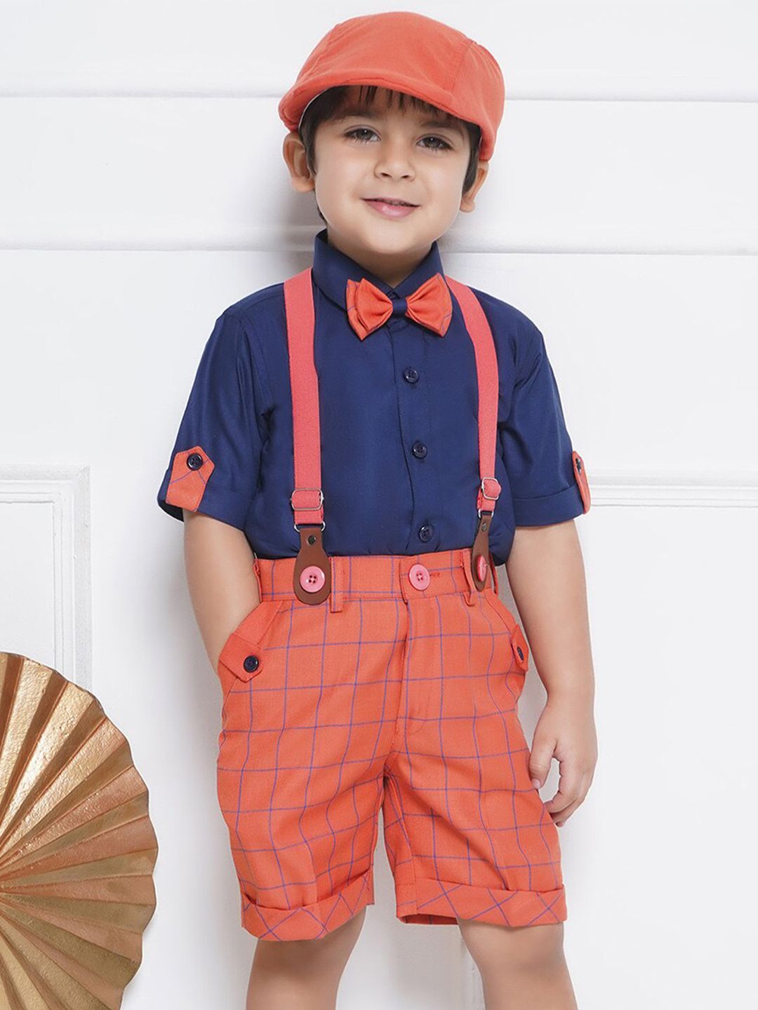 Aj DEZInES Boys Printed Cotton Shirt Bow Shorts With Cap Suspenders Clothing Set-picture-36