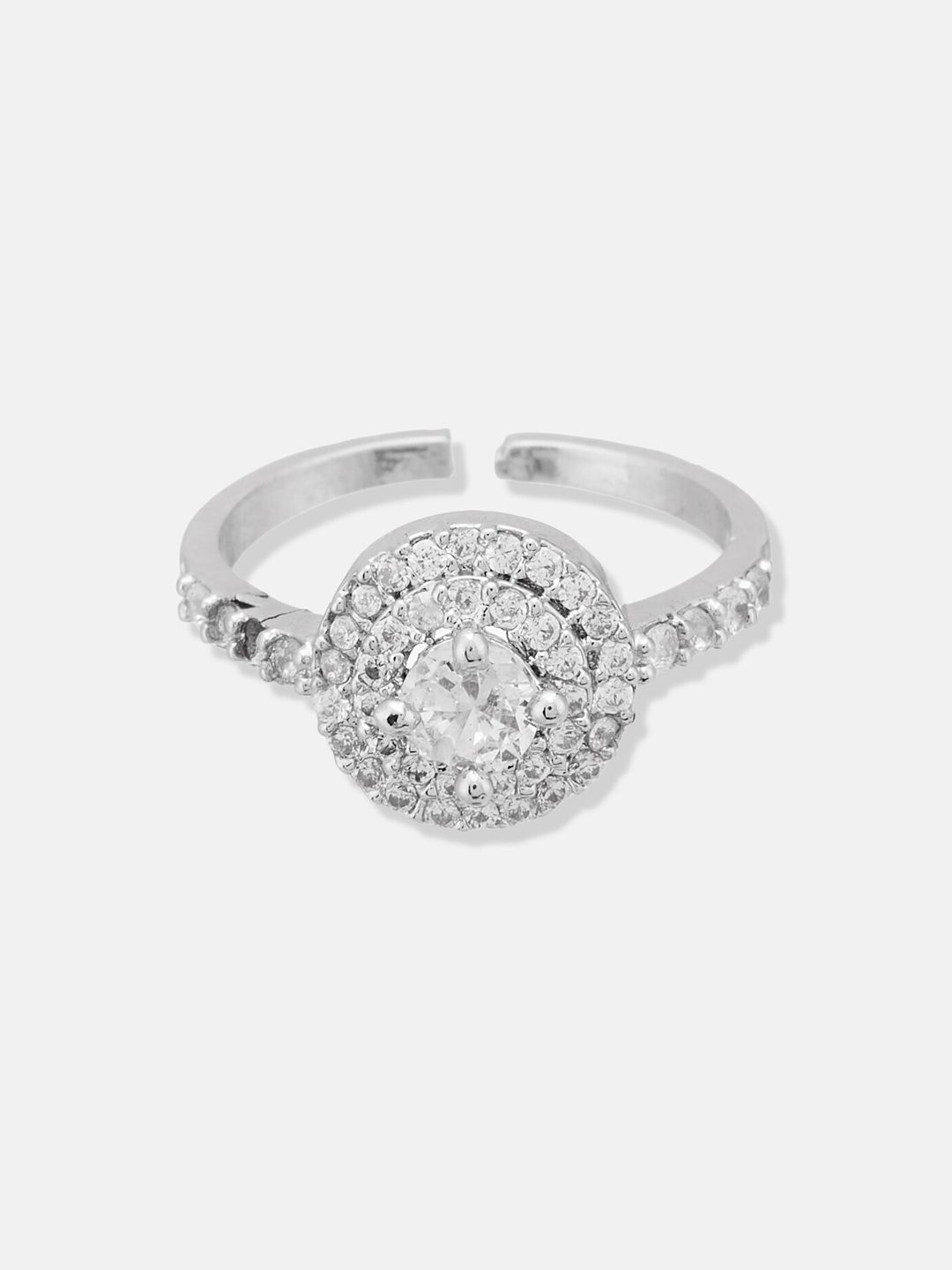 ATIBELLE Silver-Plated CZ Studded Round Shaped Adjustable Finger Ring