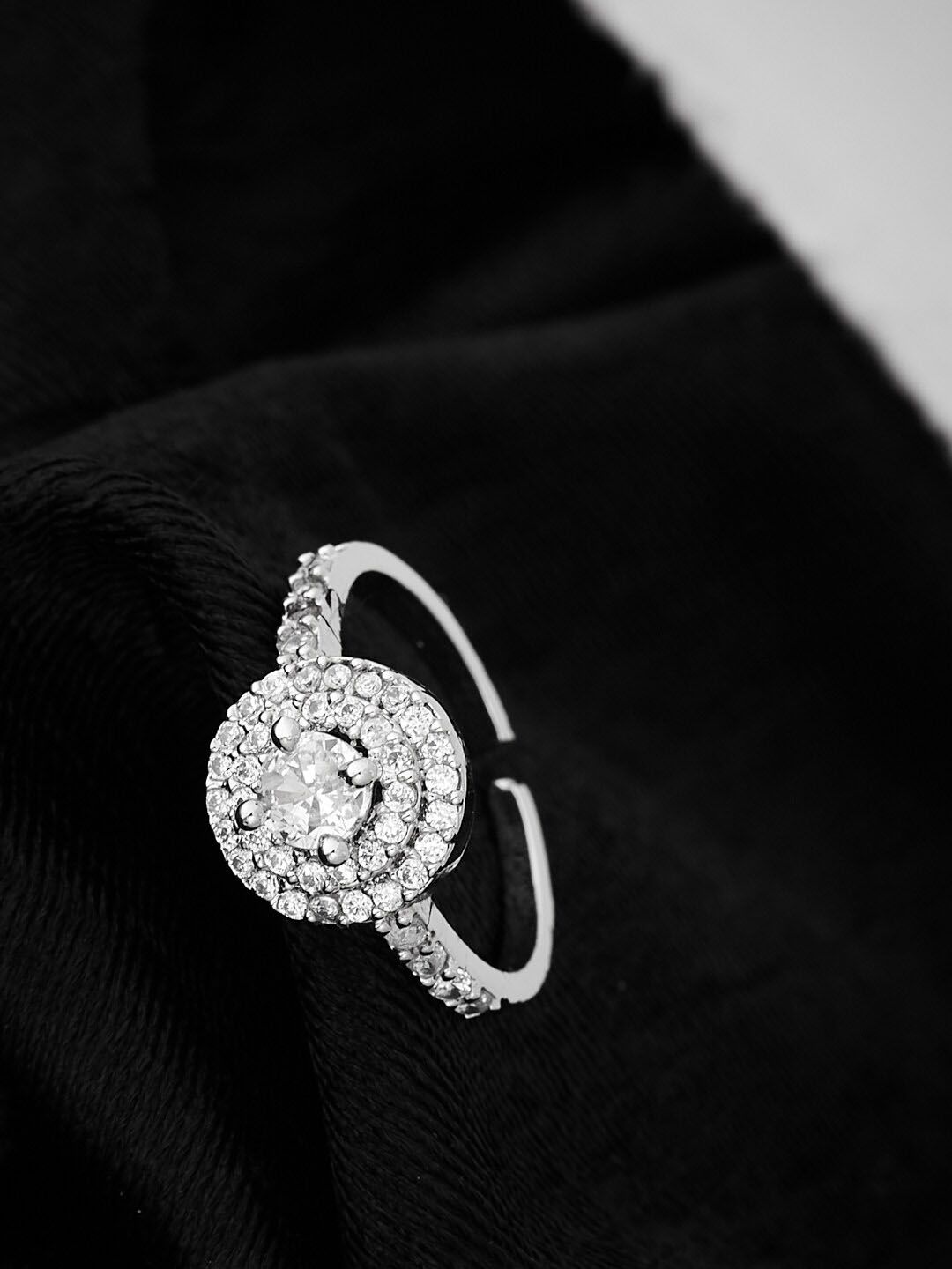ATIBELLE Silver-Plated CZ Studded Round Shaped Adjustable Finger Ring