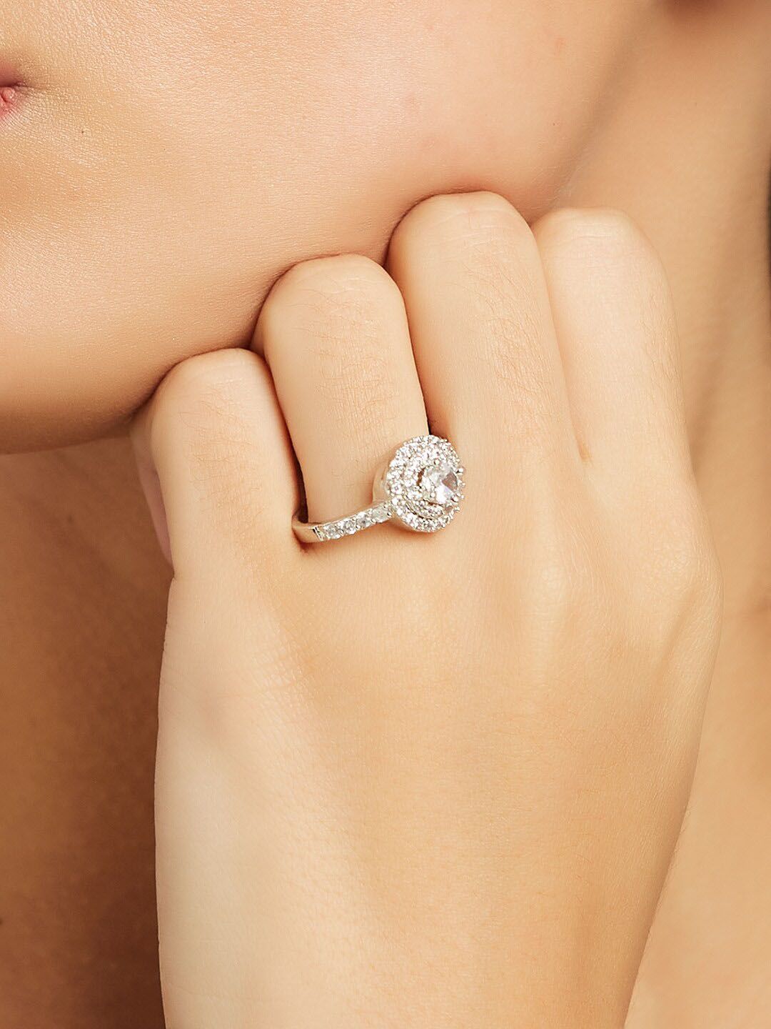 ATIBELLE Silver-Plated CZ Studded Round Shaped Adjustable Finger Ring