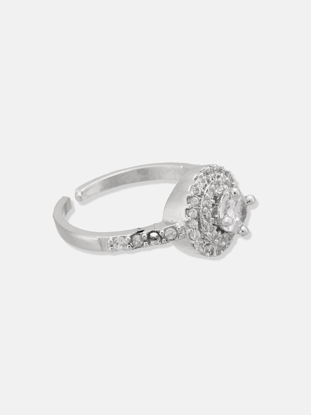ATIBELLE Silver-Plated CZ Studded Round Shaped Adjustable Finger Ring