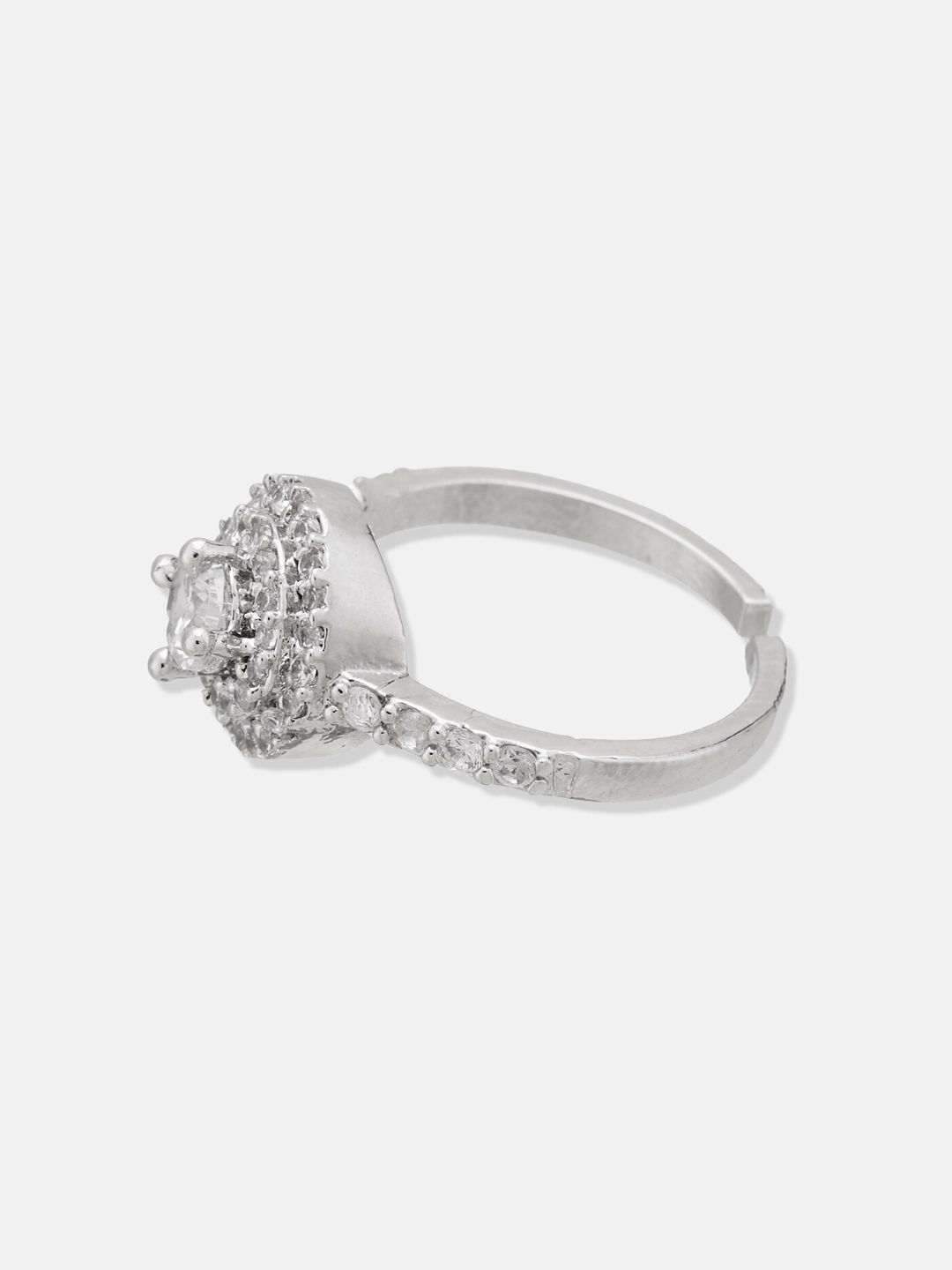 ATIBELLE Silver-Plated CZ Studded Round Shaped Adjustable Finger Ring