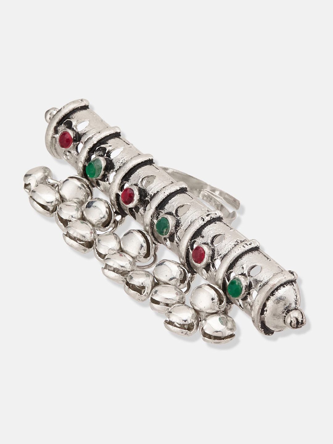 ATIBELLE German Silver-Plated Stone-Studded & Beaded Adjustable Finger Ring